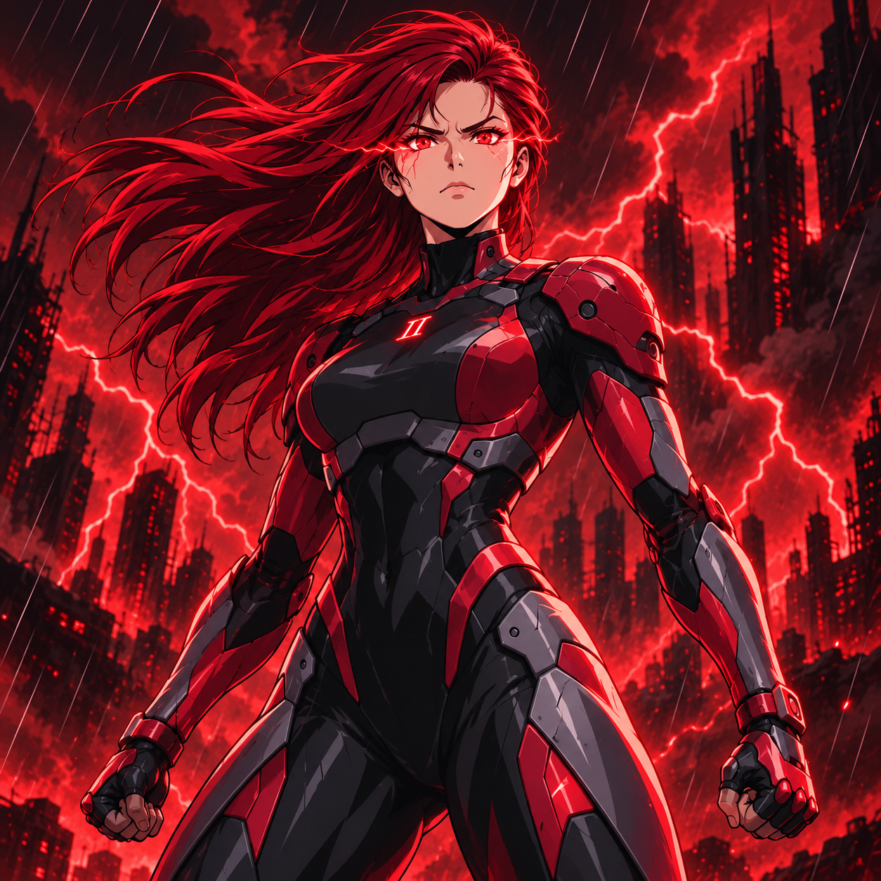 The ACT II Commander, a red-haired android in black and red armor